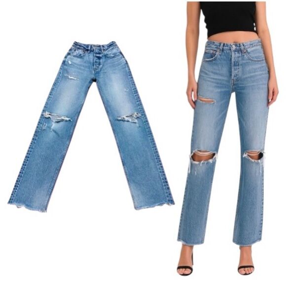 Denim - Moussy Vintage Howa Jeans 23x30 Distressed Wide Leg Fray 100% Cotton Japan